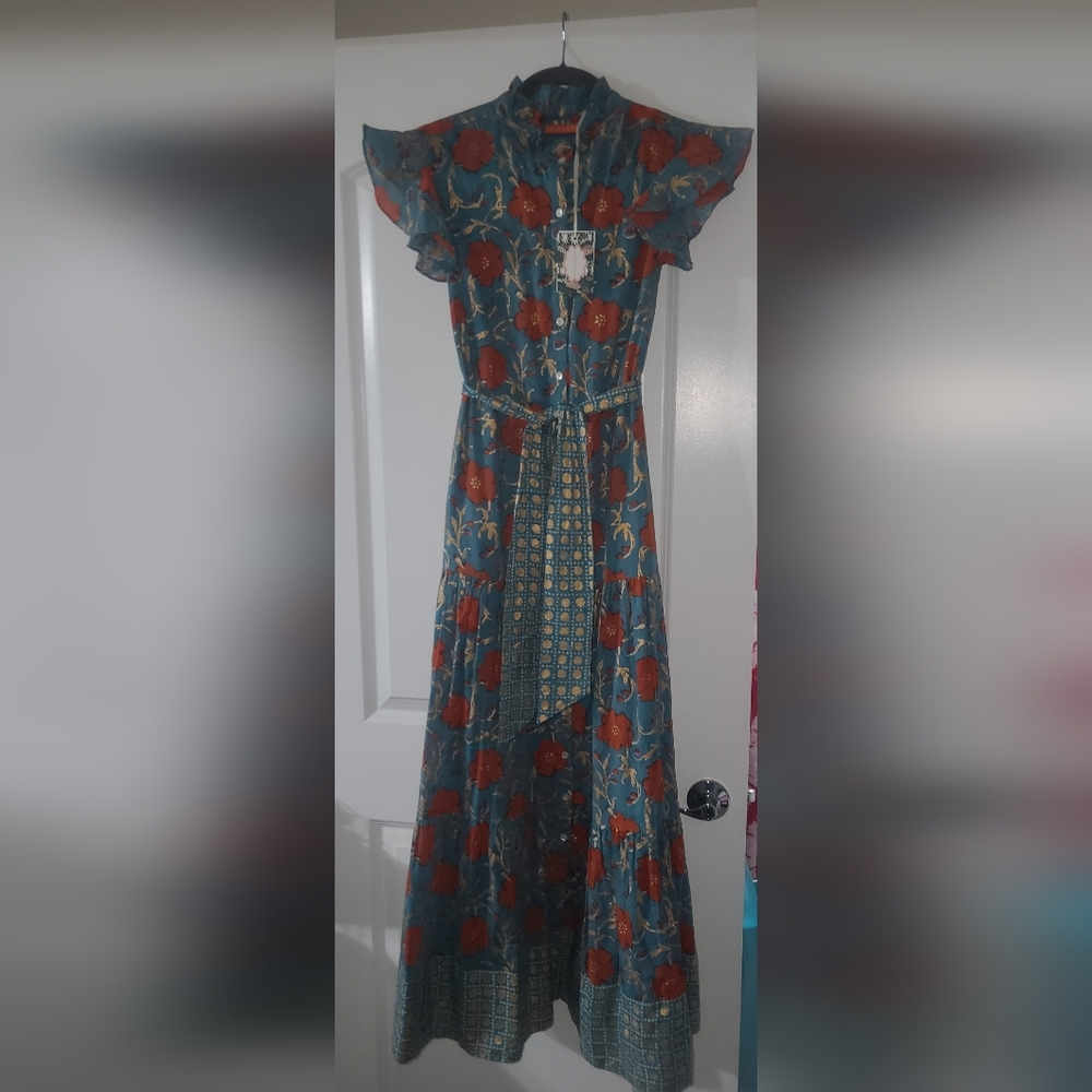 $328 Nwt OLIPHANT RUFFLE COLLAR BUTTON MAXI DRESS - POPPY RED xs - Picture 2 of 5